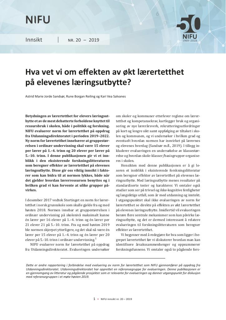 Forsiden av dokumentet Delrapport 2 om norm for lærertetthet: Litteraturgjennomgang
