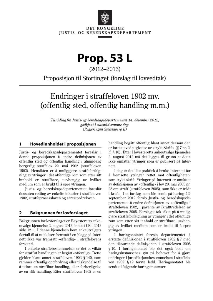 Forsiden av dokumentet Prop. 53 L (2012–2013)