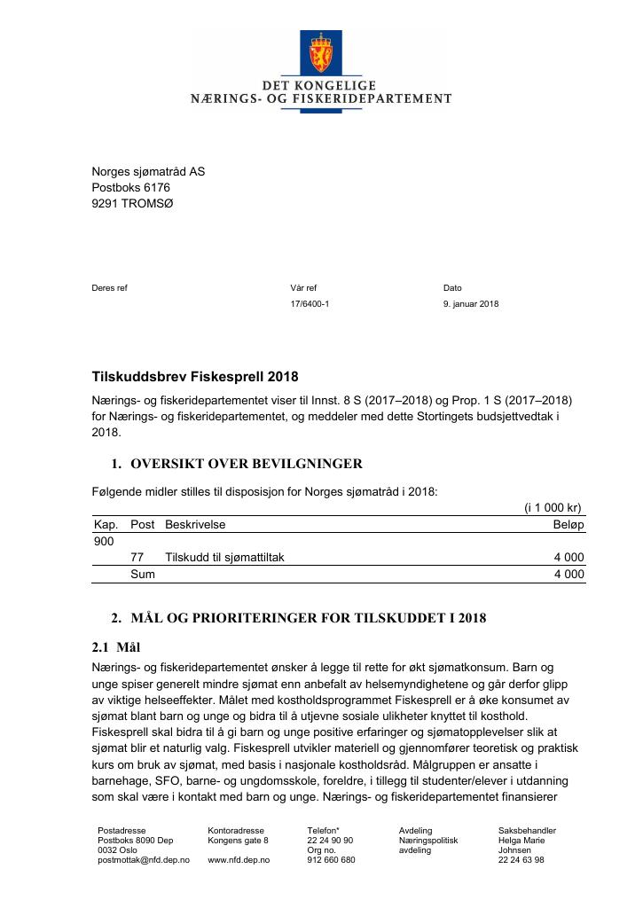 Forsiden av dokumentet Tilskuddsbrev