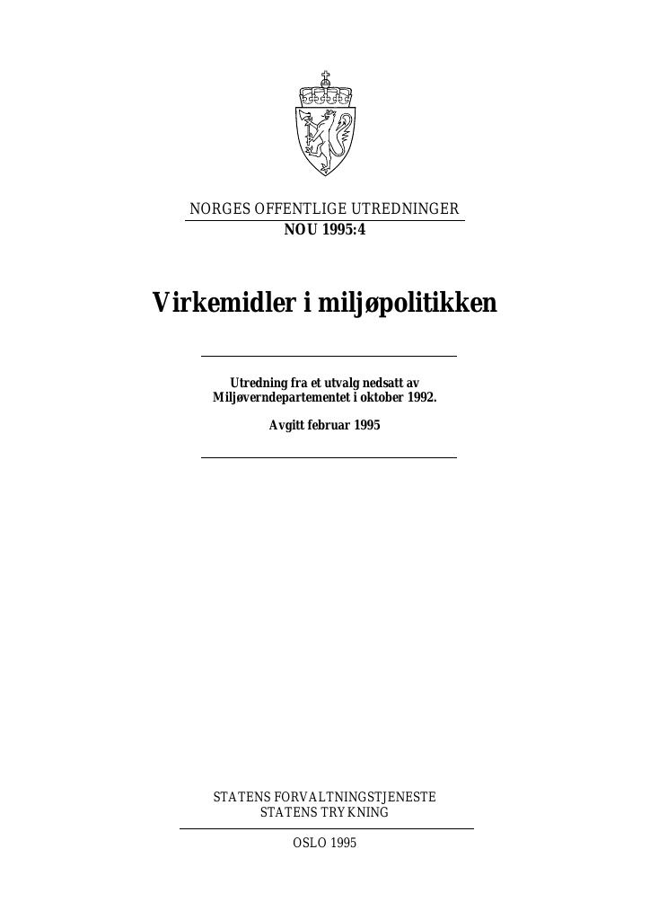 Forsiden av dokumentet NOU 1995: 4 - Virkemidler i miljøpolitikken