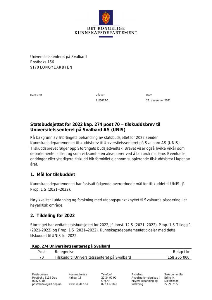 Forsiden av dokumentet Tilskuddsbrev 2022