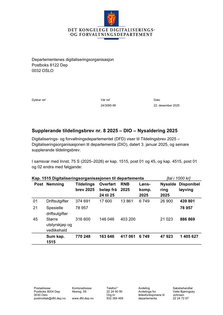 Forsiden av dokumentet Tildelingsbrev Departementenes digitaliseringsorganisasjon 2025 - tillegg nr. 8
