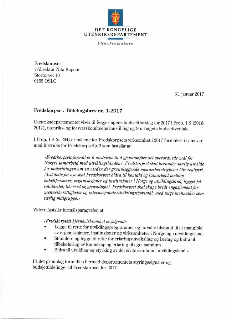 Forsiden av dokumentet Tildelingsbrev no. 1 (pdf)