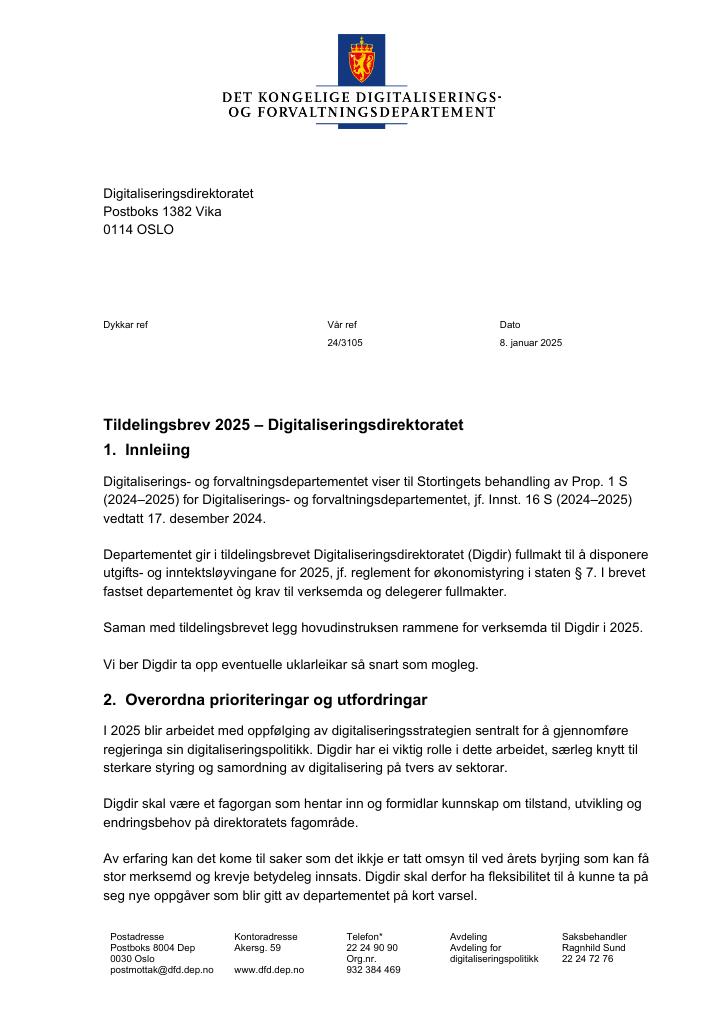 Forsiden av dokumentet Tildelingsbrev Digitaliseringsdirektoratet 2025