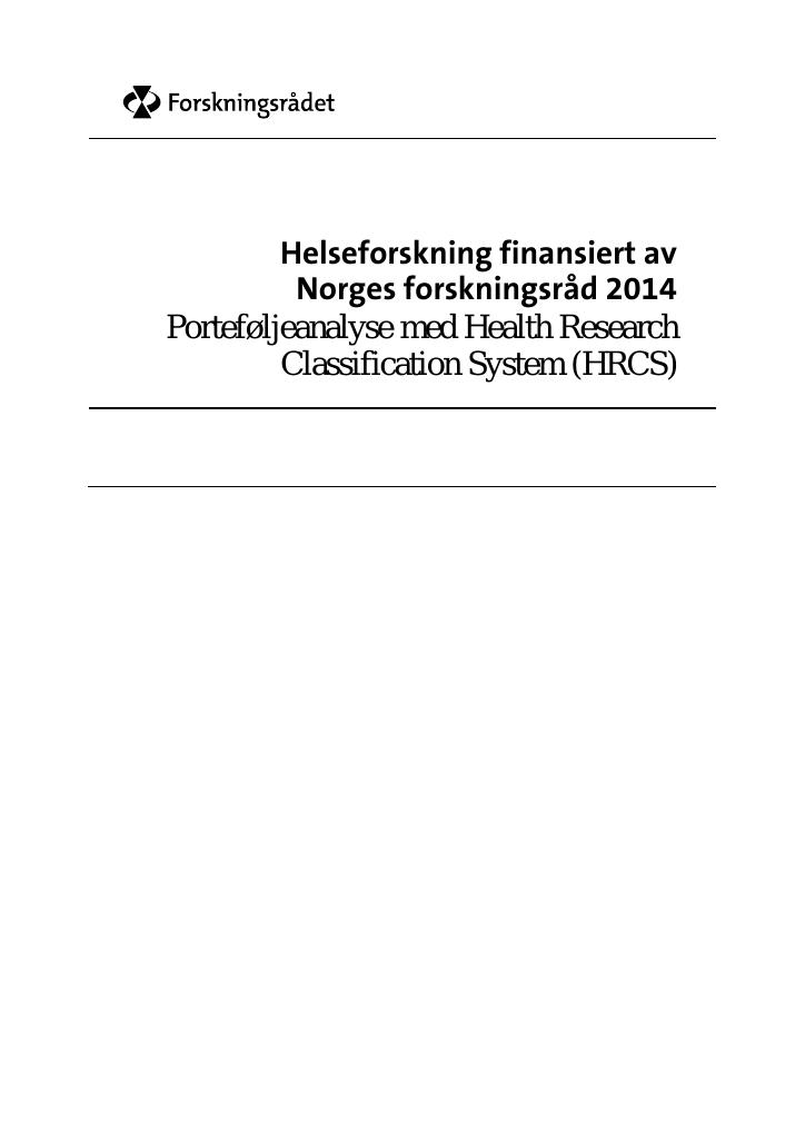 Forsiden av dokumentet Porteføljeanalyse - Helseforskning i Norges forskningsråd 2014