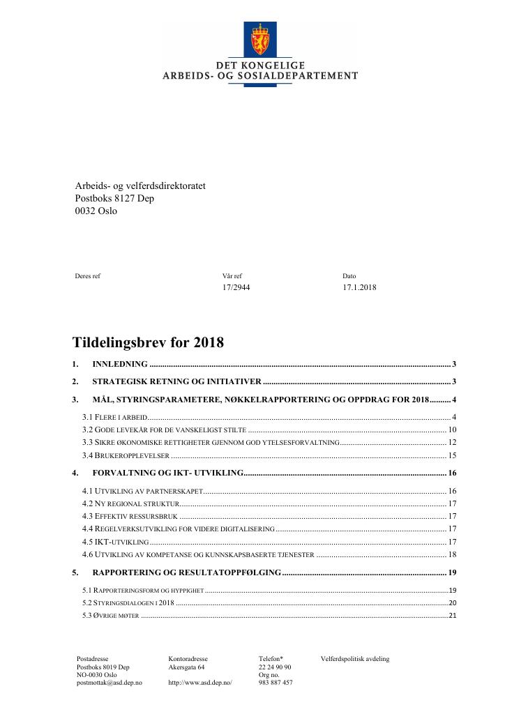 Forsiden av dokumentet Tildelingsbrev Arbeids- og velferdsdirektoratet 2018