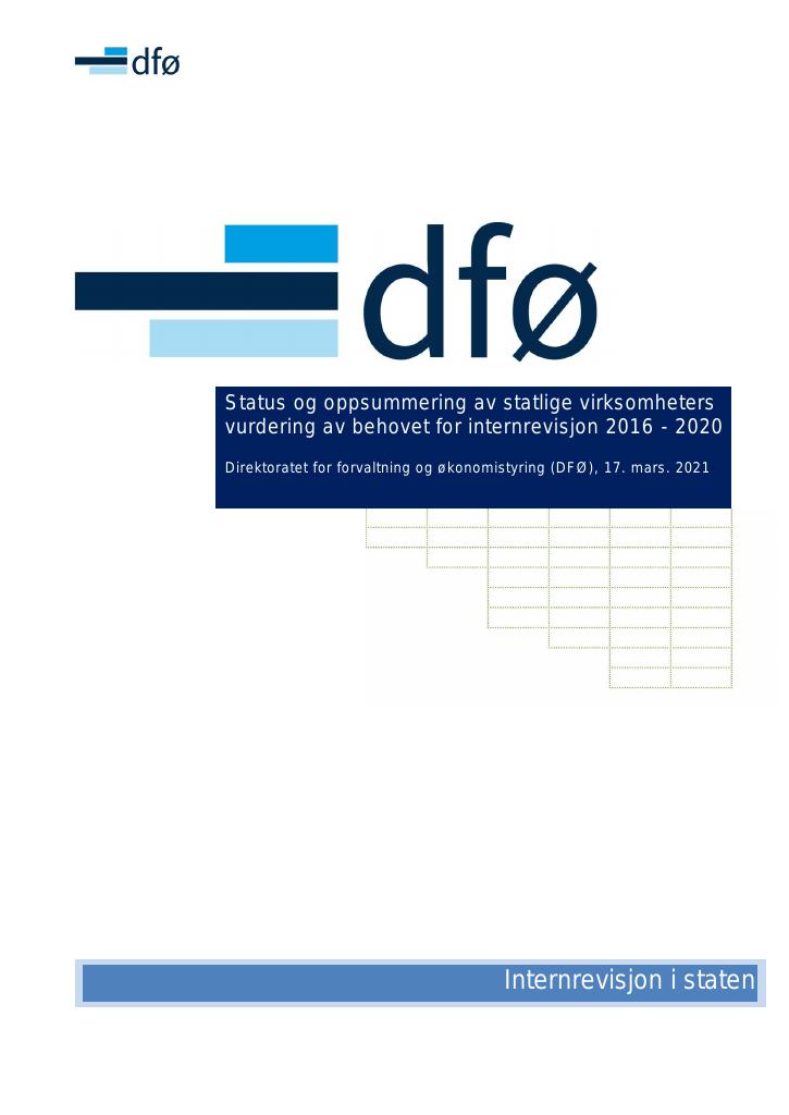 Forsiden av dokumentet Status og oppsummering av statlige virksomheters vurdering av behovet for internrevisjon 2016 - 2020