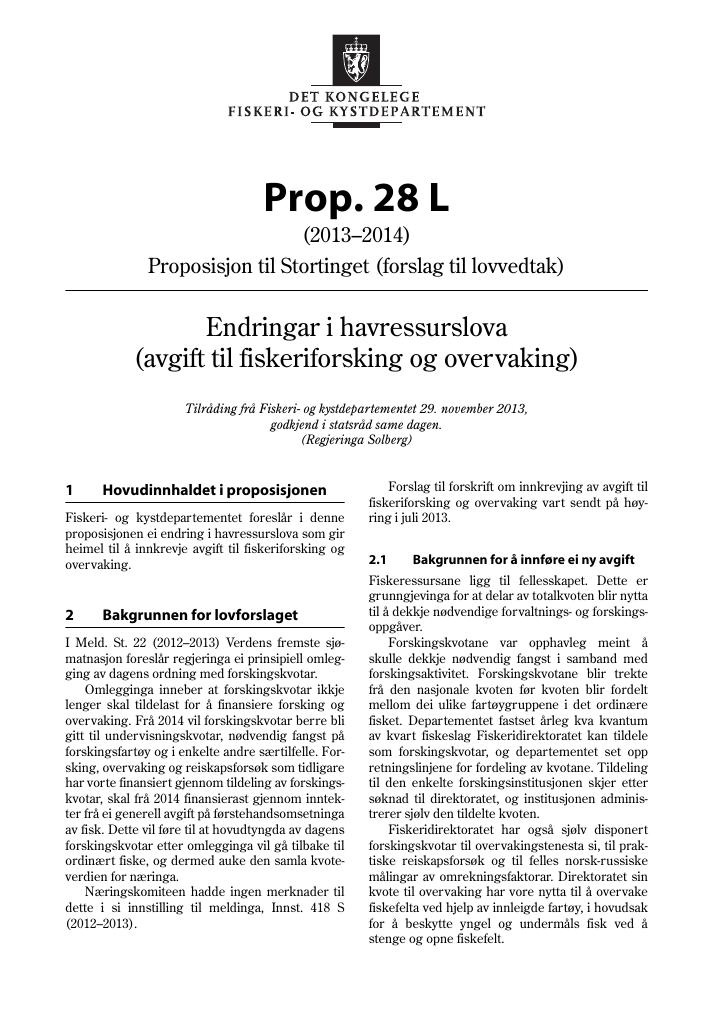 Forsiden av dokumentet Prop. 28 L (2013–2014)