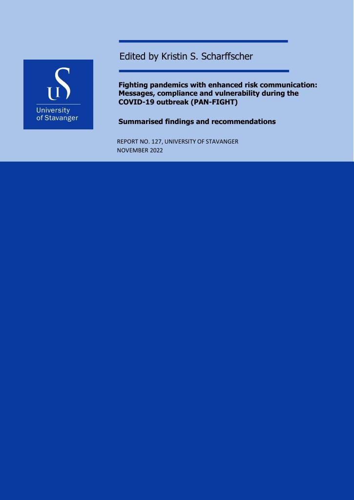 Forsiden av dokumentet Fighting pandemics with enhanced risk communication: Messages, compliance and vulnerability during the COVID-19 outbreak (PAN-FIGHT) : Summarised findings and recommendations