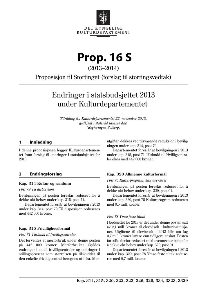 Forsiden av dokumentet Prop. 16 S (2013–2014)