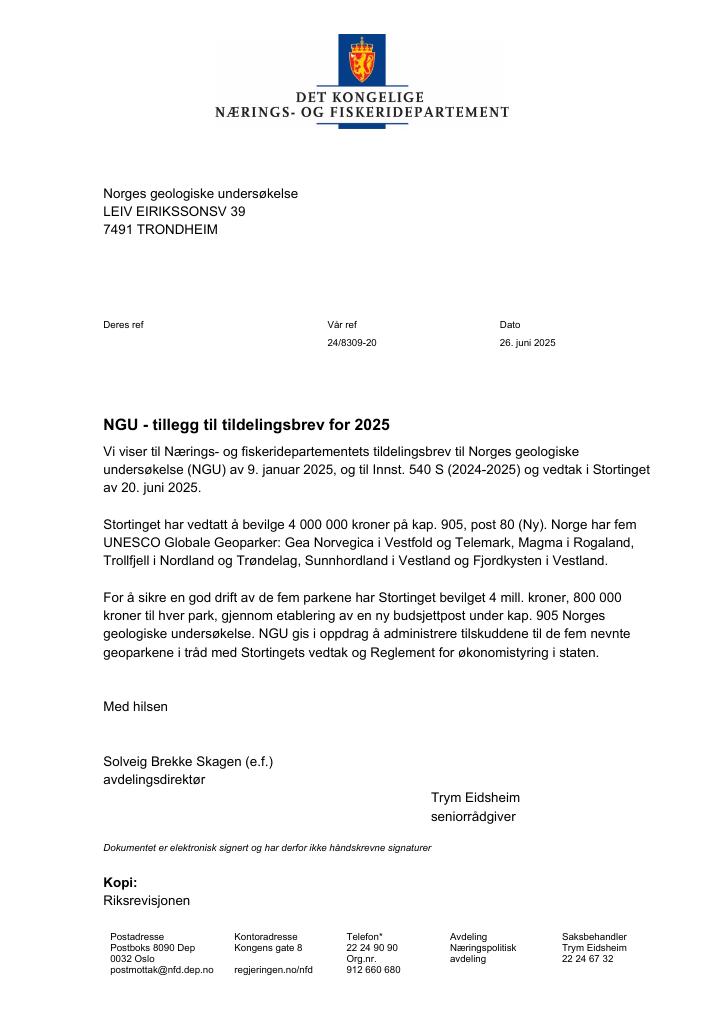 Forsiden av dokumentet Tildelingsbrev Norges geologiske undersøkelse (NGU) 2025 - tillegg