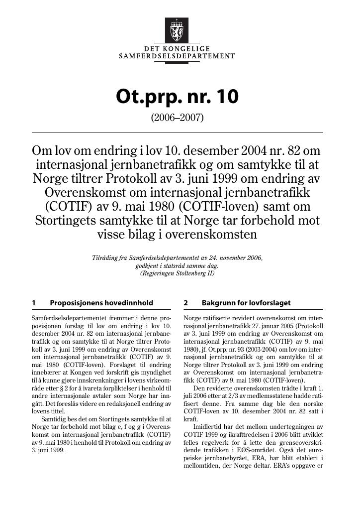 Forsiden av dokumentet Ot.prp. nr. 10 (2006-2007)