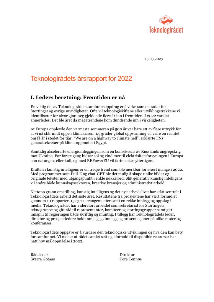 Forsiden av dokumentet Årsrapport Teknologirådet 2022