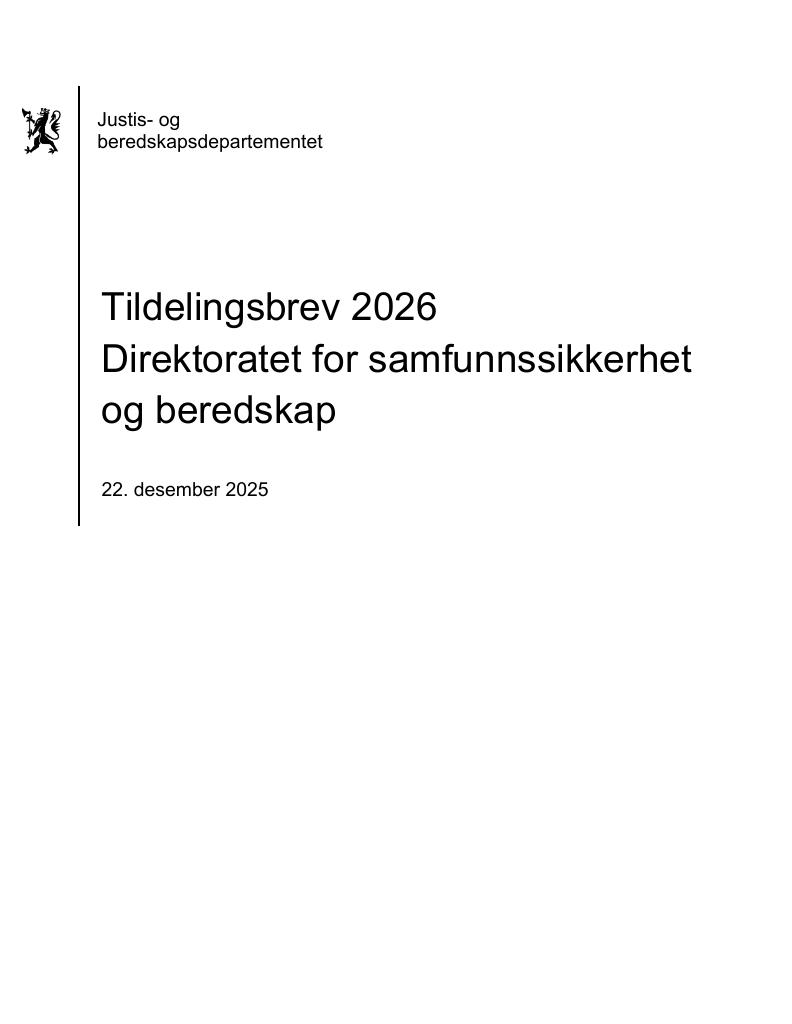 Forsiden av dokumentet Tildelingsbrev Direktoratet for samfunnssikkerhet og beredskap 2026