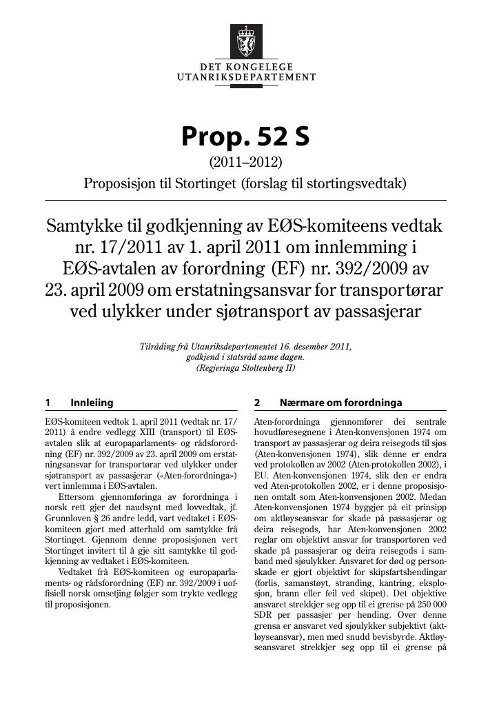 Forsiden av dokumentet Prop. 52 S (2011–2012)