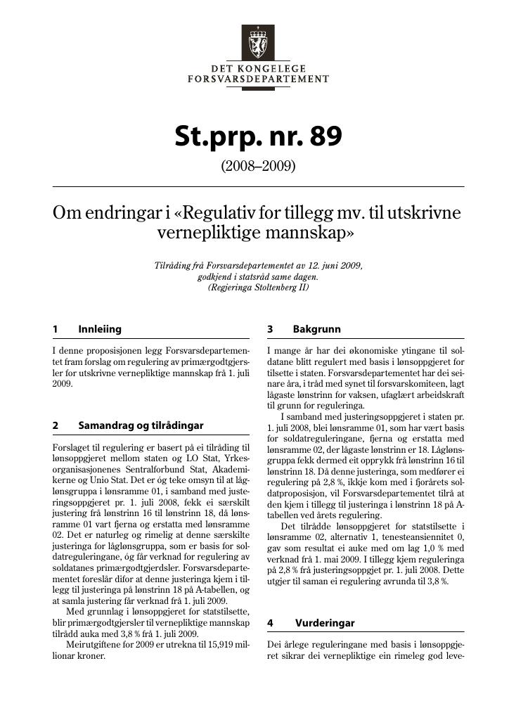 Forsiden av dokumentet St.prp. nr. 89 (2008-2009)