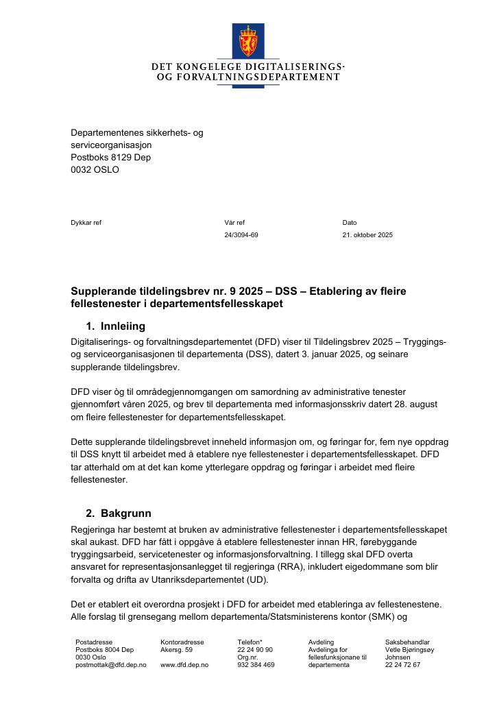 Forsiden av dokumentet Tildelingsbrev Departementenes sikkerhets- og serviceorganisasjon 2025 - tillegg nr. 9