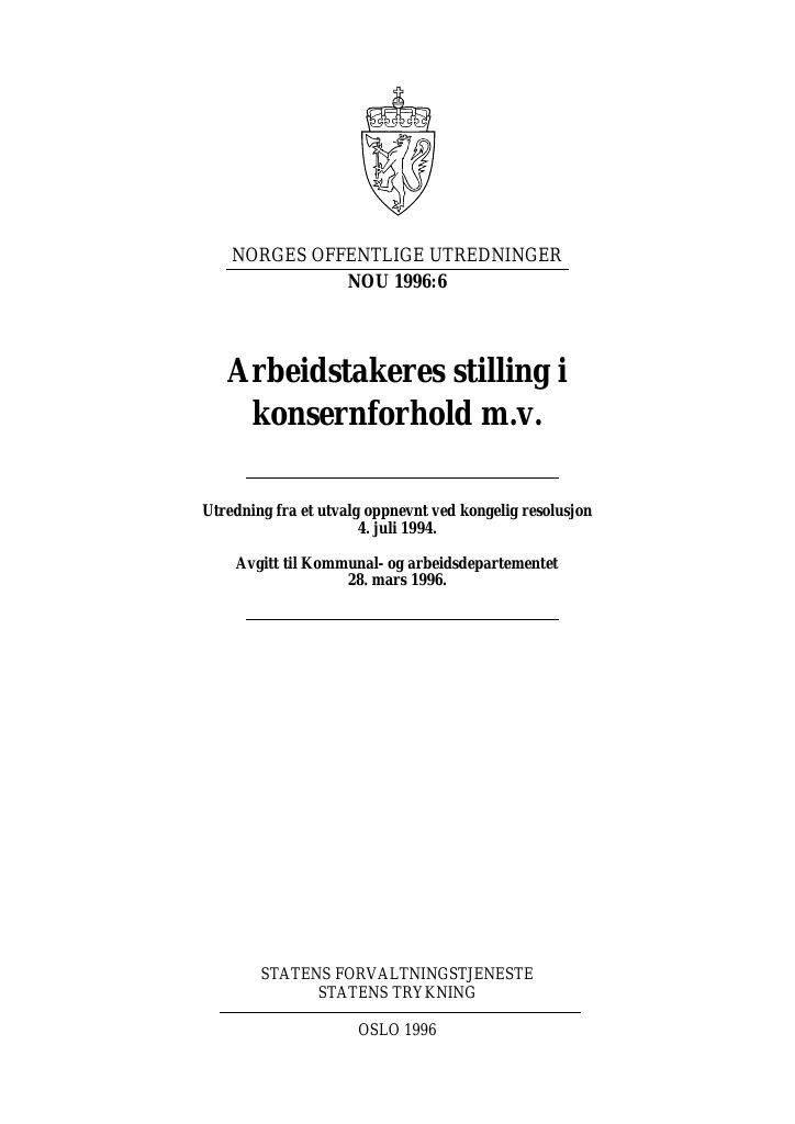 Forsiden av dokumentet NOU 1996: 6 - Arbeidstakeres stilling i konsernforhold m.v.