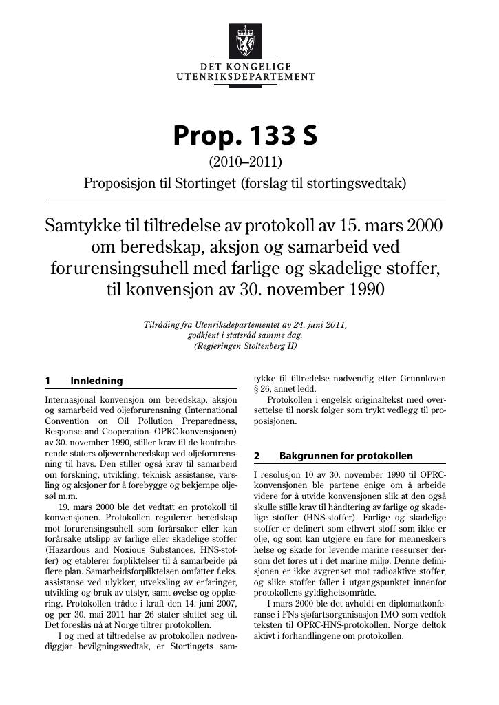 Forsiden av dokumentet Prop. 133 S (2010–2011)