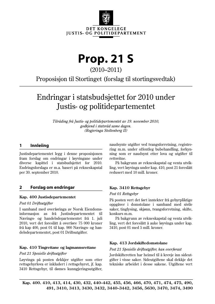 Forsiden av dokumentet Prop. 21 S (2010–2011)