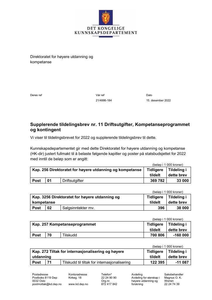 Forsiden av dokumentet Tildelingsbrev Direktoratet for høyere utdanning og kompetanse 2022 - tillegg nr. 11