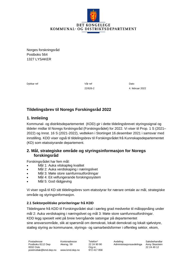 Forsiden av dokumentet Tildelingsbrev Norges forskningsråd 2022