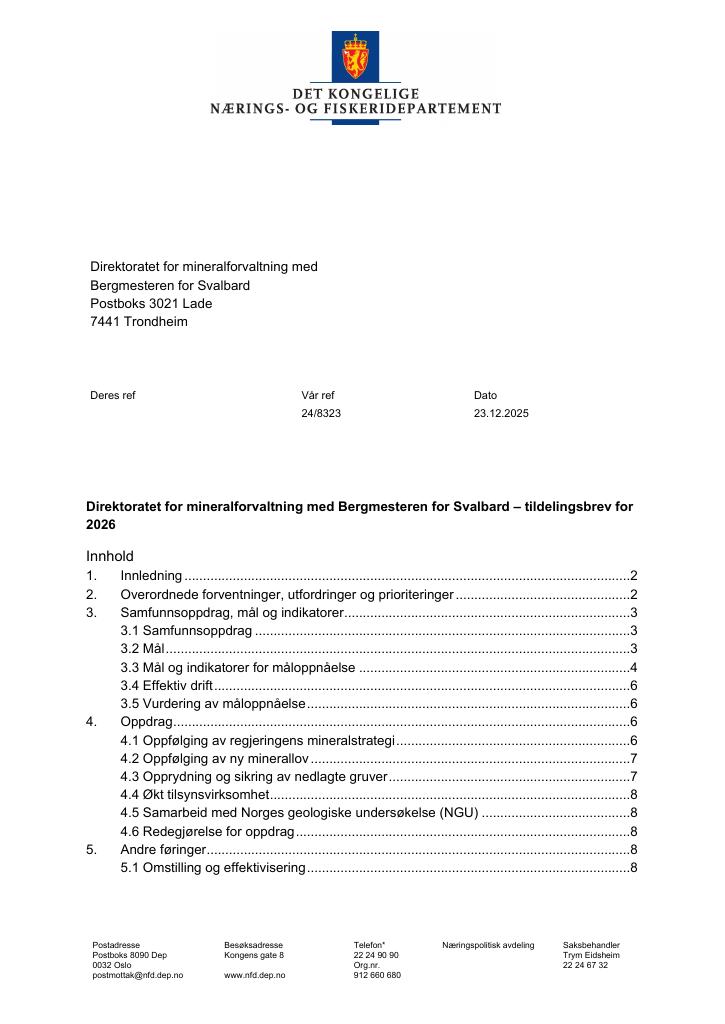 Forsiden av dokumentet Tildelingsbrev Direktoratet for mineralforvaltning 2026