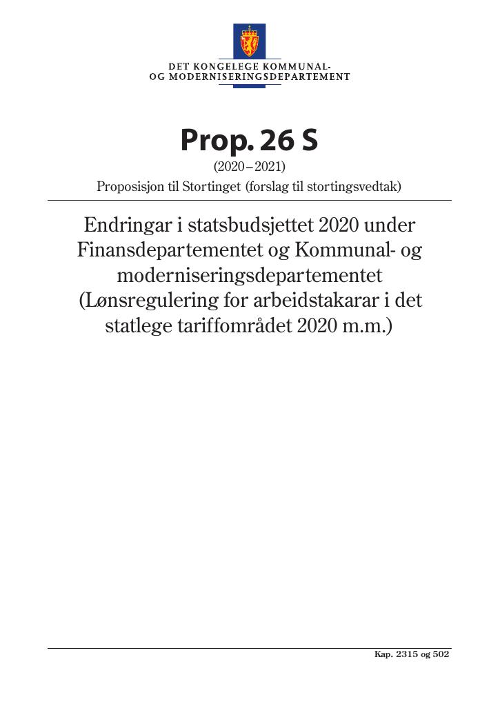 Forsiden av dokumentet Prop. 26 S (2020–2021)