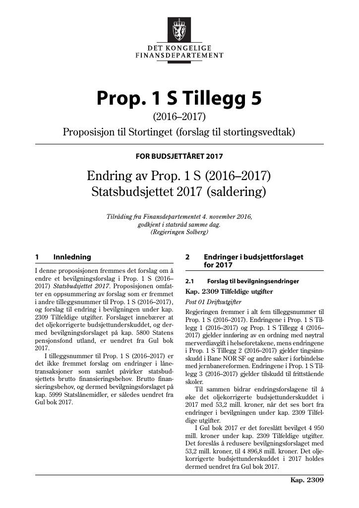 Forsiden av dokumentet Prop. 1 S Tillegg 5 (2016–2017)