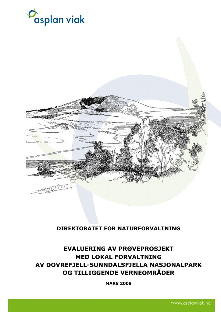 Forsiden av dokumentet Evaluering av prøveprosjekt med lokal forvaltning av Dovrefjell-Sunndalsfjella nasjonalpark og tilliggende verneområder