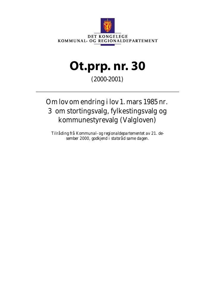 Forsiden av dokumentet Ot.prp. nr. 30 (2000-2001)