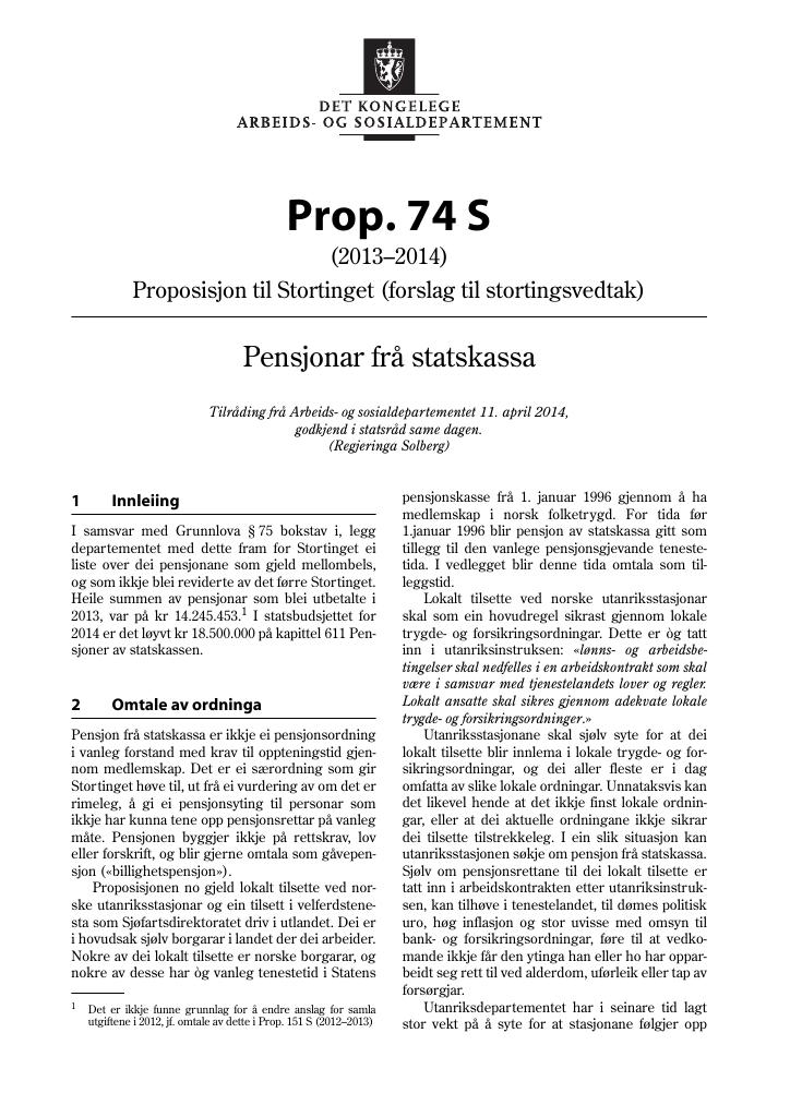 Forsiden av dokumentet Prop. 74 S (2013–2014)