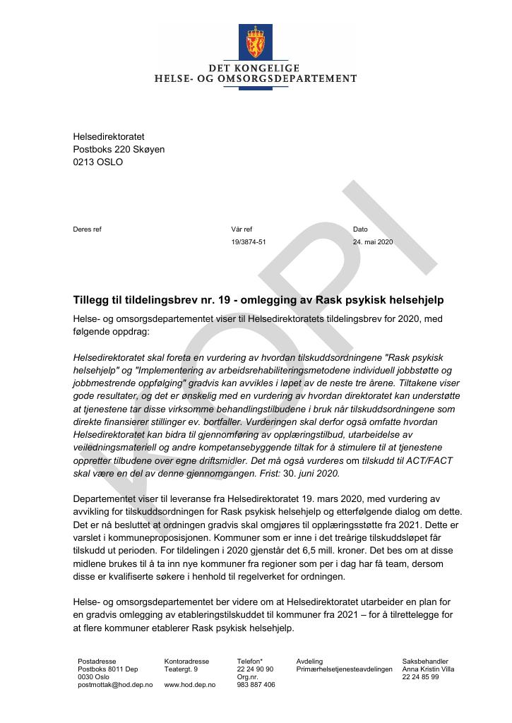 Forsiden av dokumentet Tildelingsbrev Helsedirektoratet 2020 - tillegg nr. 19