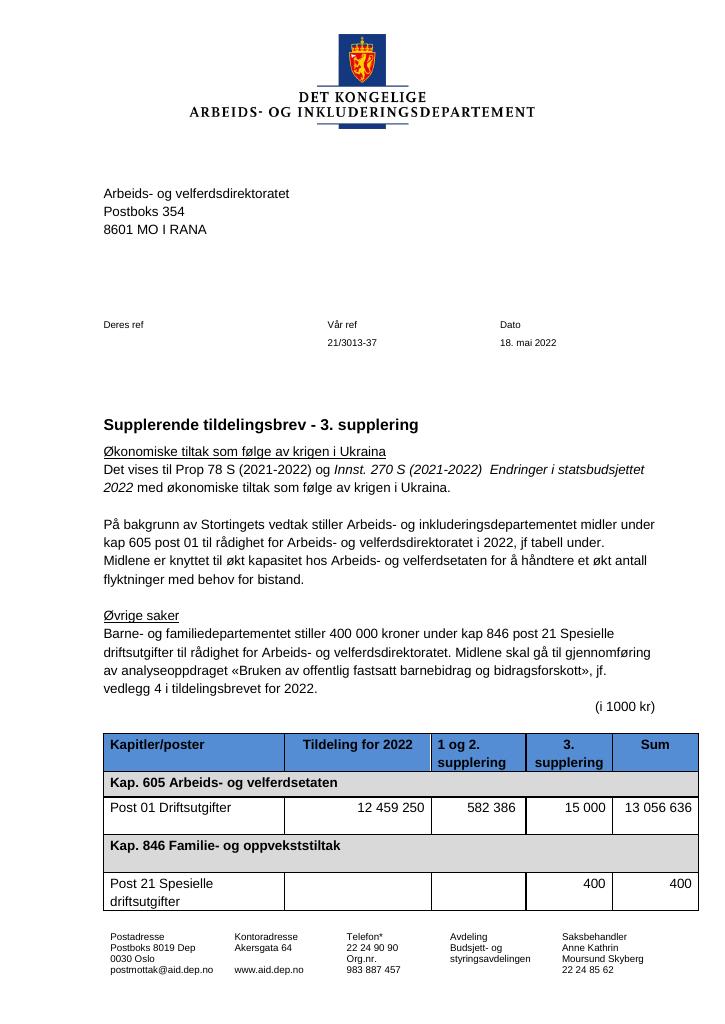 Forsiden av dokumentet Tildelingsbrev Arbeids- og velferdsdirektoratet 2022 - tillegg nr. 3