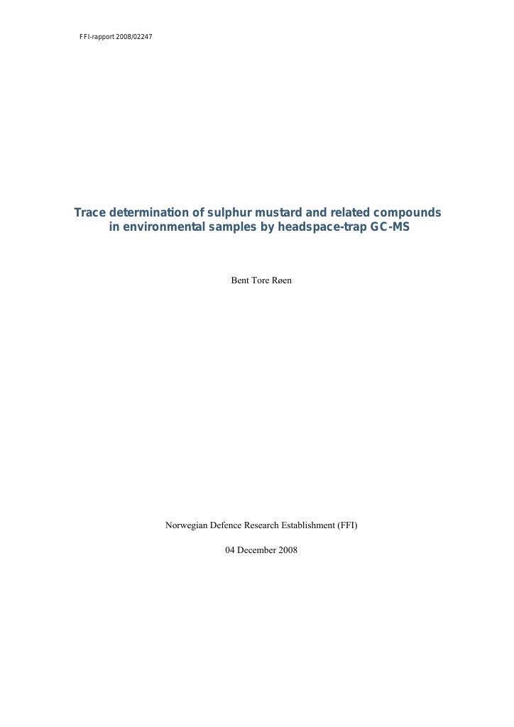 Forsiden av dokumentet Trace determination of sulphur mustard and related compounds in environmental samples by headspace-trap GC-MS