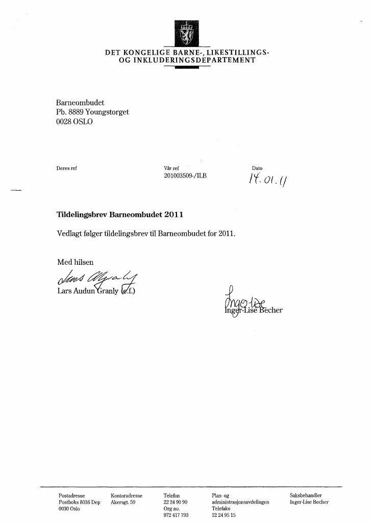 Forsiden av dokumentet Tildelingsbrev 2011
