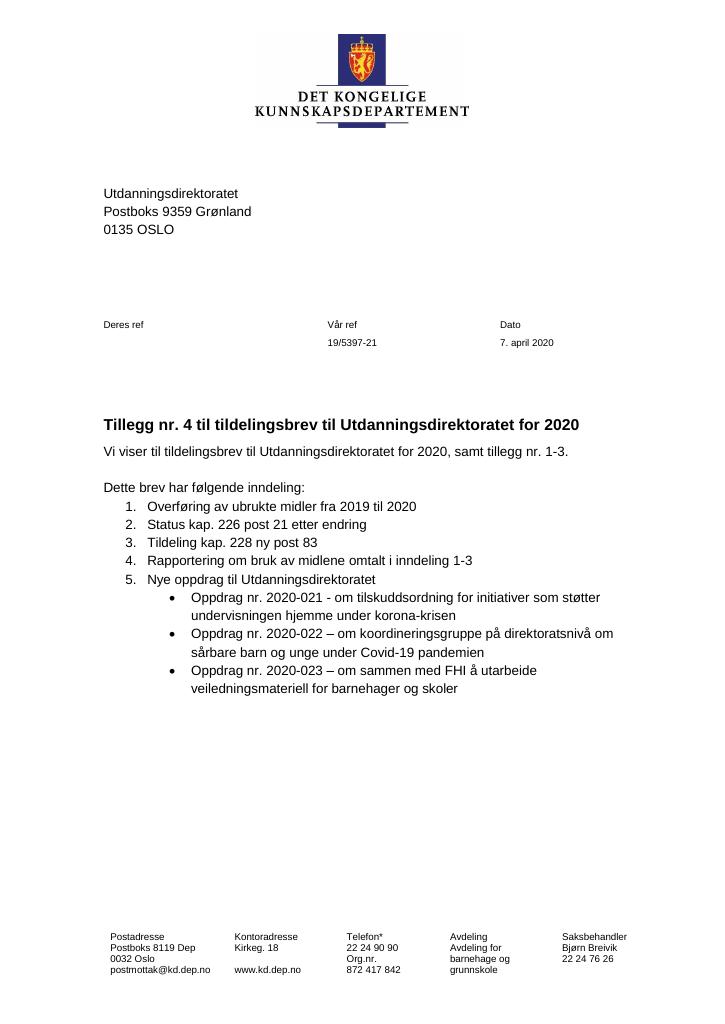 Forsiden av dokumentet Tillegg nr. 4 til tildelingsbrev 2020