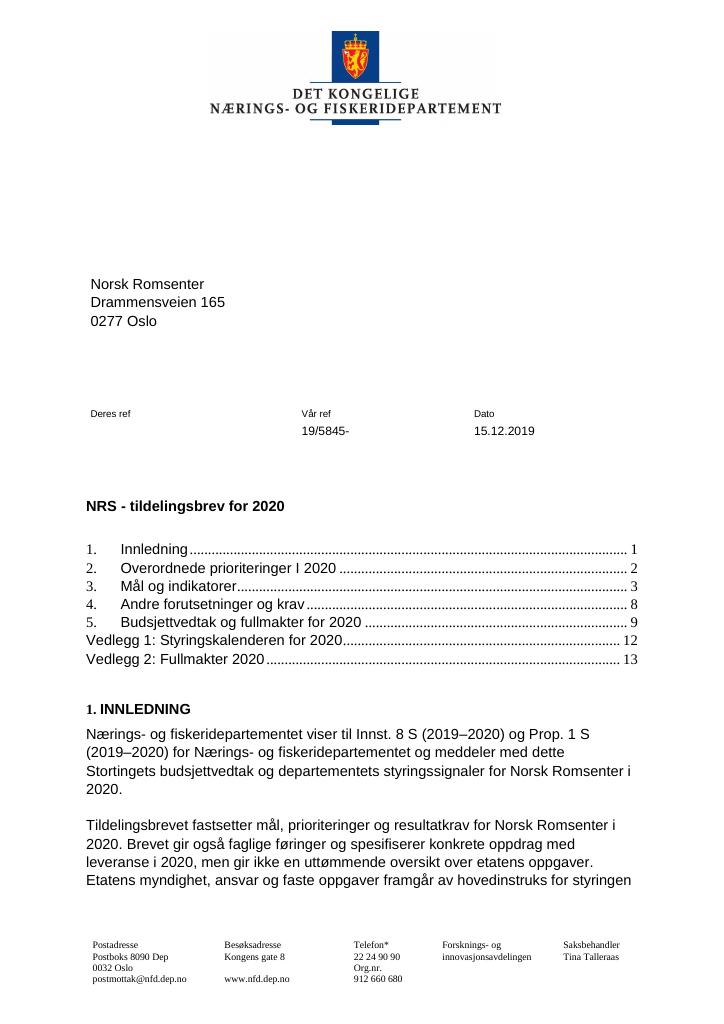 Forsiden av dokumentet Tildelingsbrev Norsk Romsenter 2020