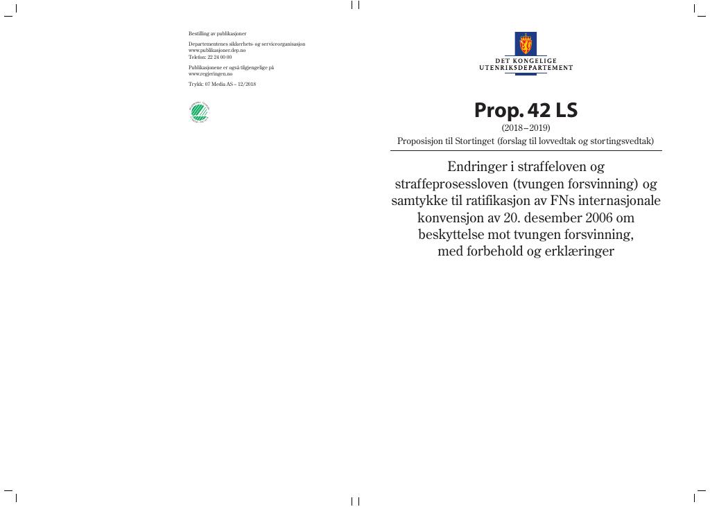 Forsiden av dokumentet Prop. 42 LS (2018–2019)