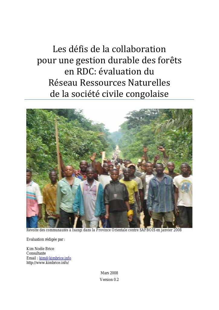 Forsiden av dokumentet Challenges in collaborating for a sustainable forest management in DRC: evaluation of the Natural Resources Network (RRN) of civil society (French)