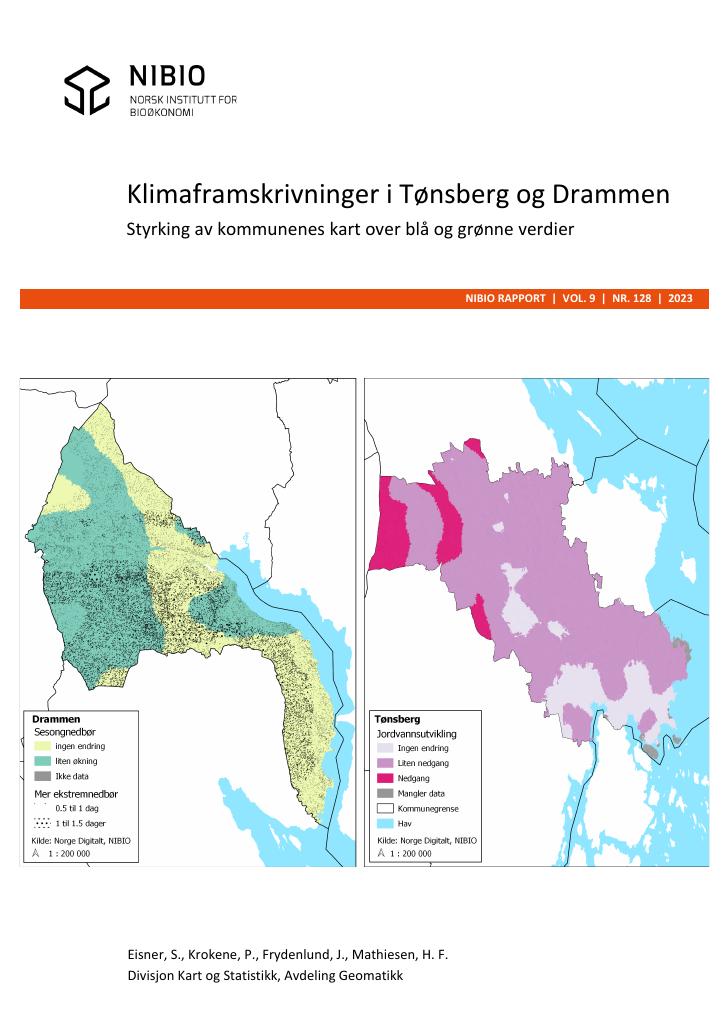 Forsiden av dokumentet Klimaframskrivninger i Tønsberg og Drammen : styrking av kommunenes kart over blå og grønne verdier