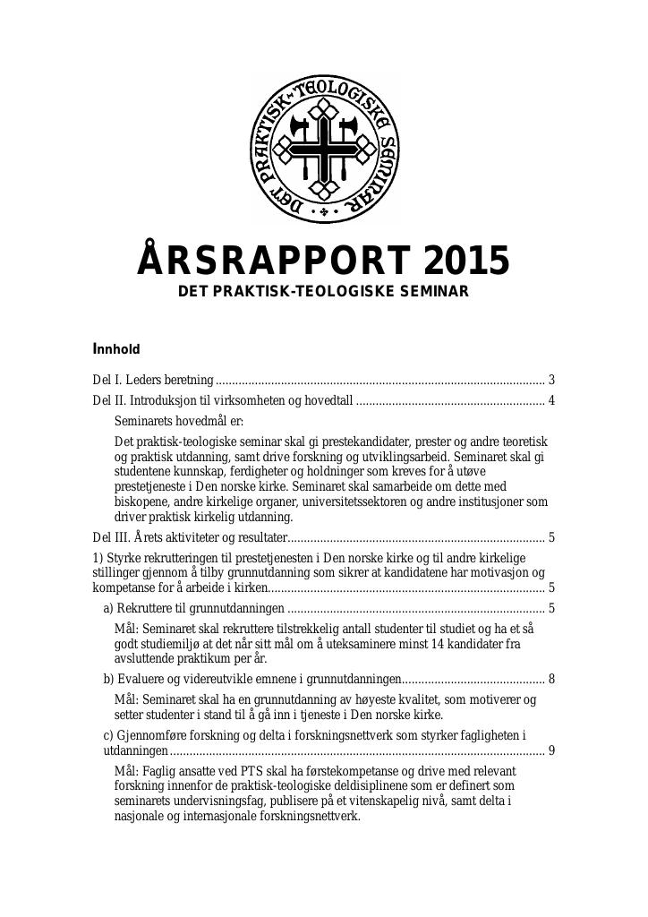 Forsiden av dokumentet Årsrapport Det praktisk-teologiske seminar 2015