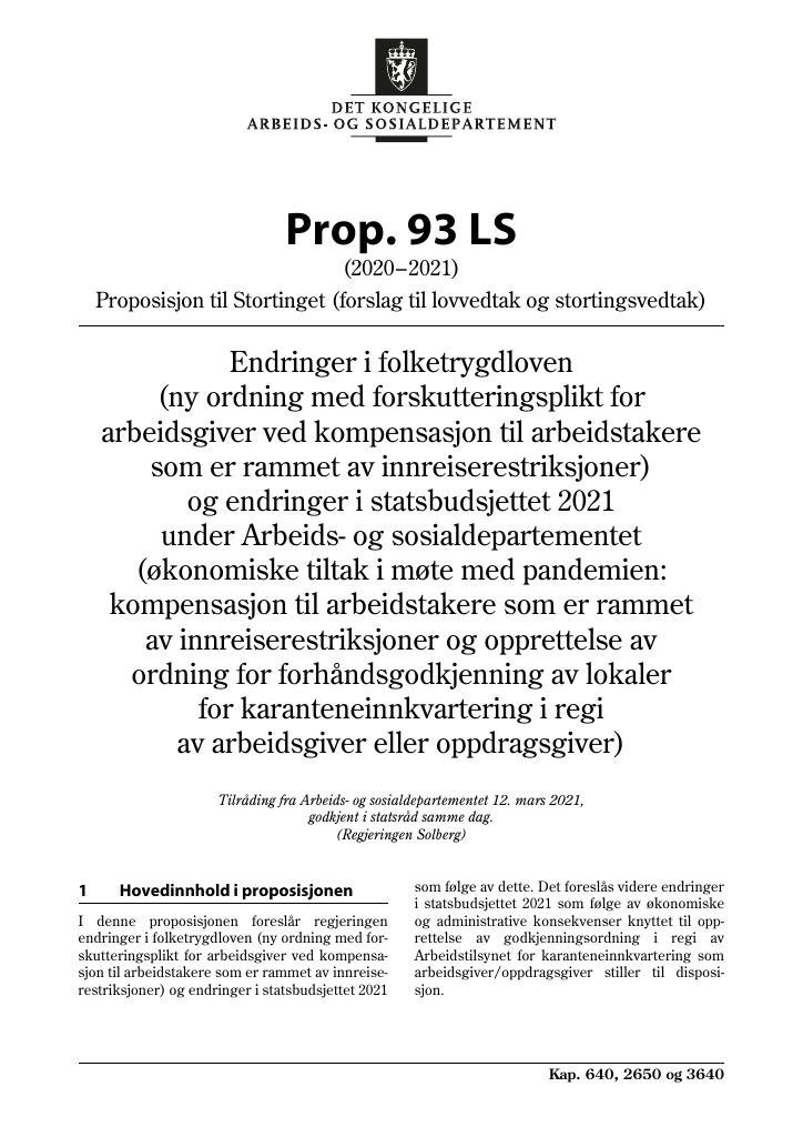 Forsiden av dokumentet Prop. 93 LS (2020–2021)