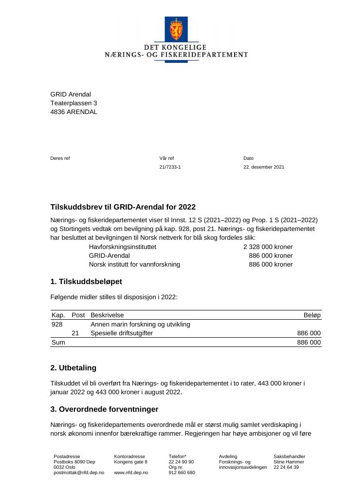 Forsiden av dokumentet Tilskuddsbrev til Grid-Arendal for 2022