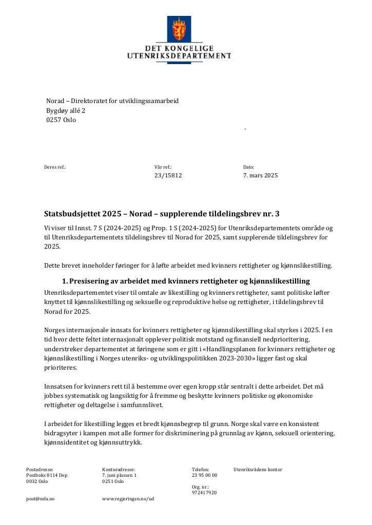 Forsiden av dokumentet Tildelingsbrev Norad 2025 - tillegg nr. 3