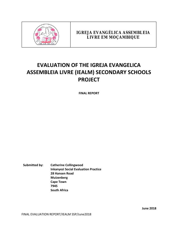 Forsiden av dokumentet Evaluation of the Igreja Evangelica Assembleia Livre (IEALM) Secondary Schools Project