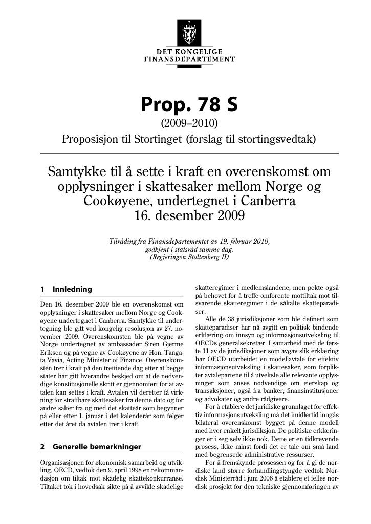 Forsiden av dokumentet Prop. 78 S (2009-2010)