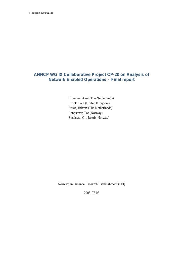 Forsiden av dokumentet ANNCP WG IX Collaborative Project CP-20 on Analysis of Network Enabled Operations : final report