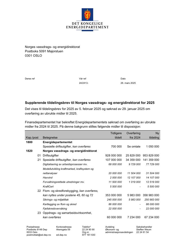 Forsiden av dokumentet Tildelingsbrev Norges vassdrags- og energidirektorat 2025 - tillegg nr. 1