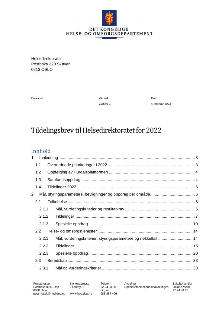 Forsiden av dokumentet Tildelingsbrev Helsedirektoratet 2022